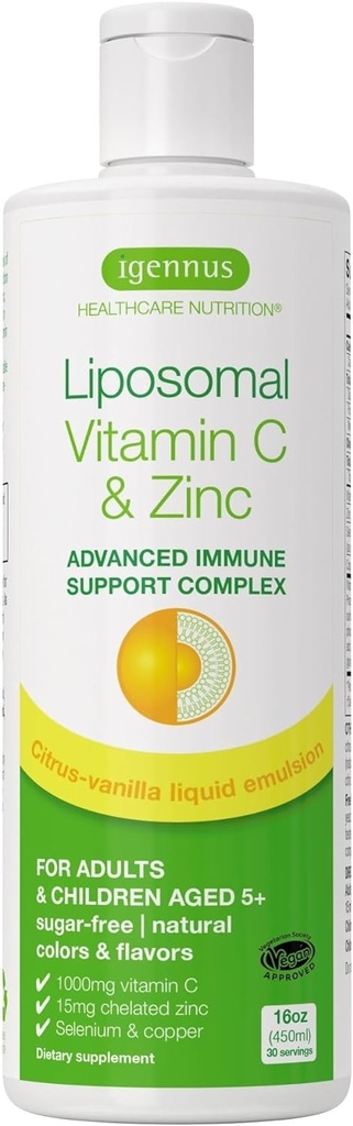 Alta Absorción Liposomal Vitamina C 1000mg & Zinc Bisglycinate, 30-90 Servings, Liquid Immune Support for Adults &amp; Kids 5+, Non-GMO, Sugar-Free, Citrus & Vanilla Flavor, por Igennus