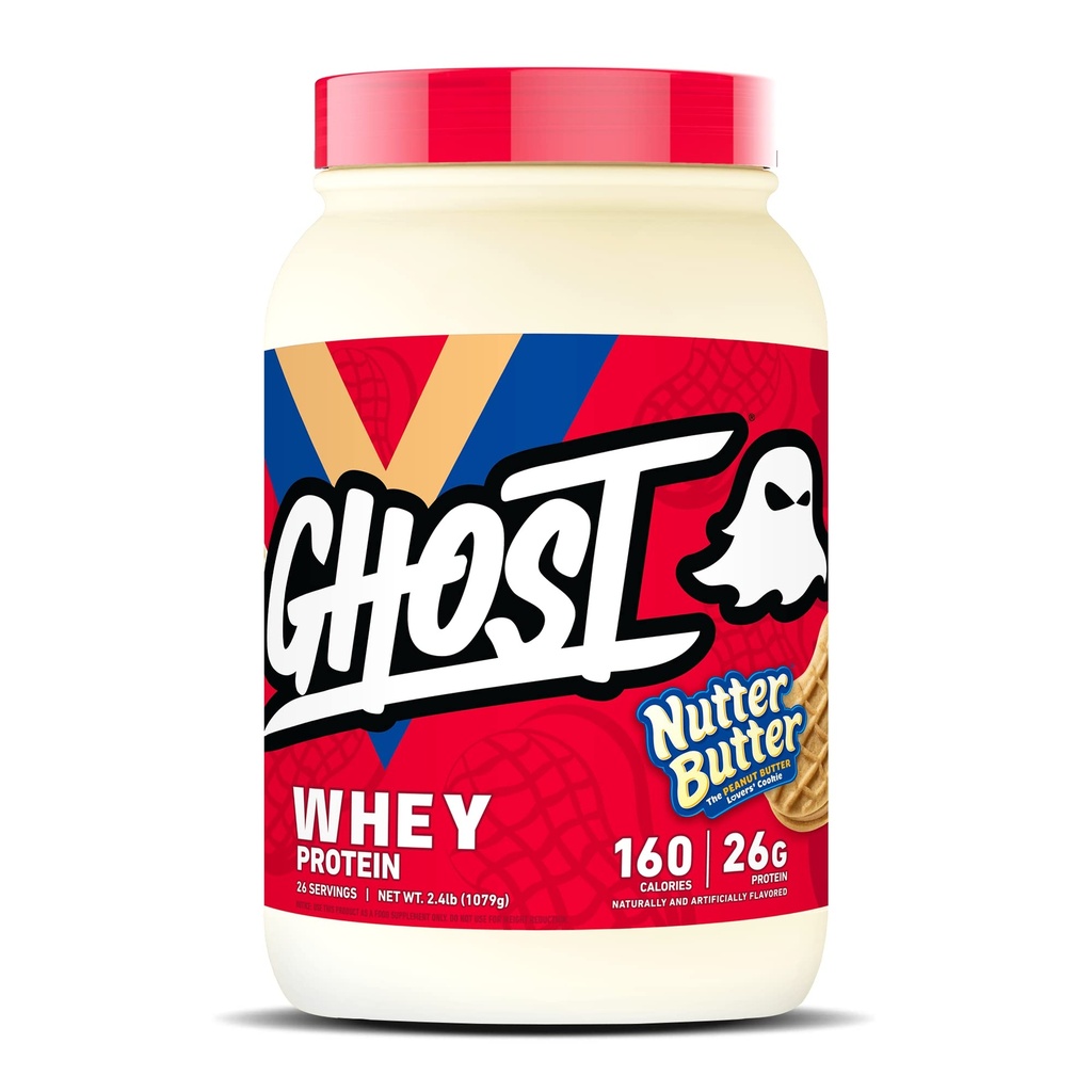GHOST Whey Protein Powder, Nutter Butter - 2LB, 26G de Proteína - Whey Protein Blend - ­Post Workout Fitness & Nutrition Shakes, Smoothies, Baking &amp; Cooking - Cookie Pieces Inside