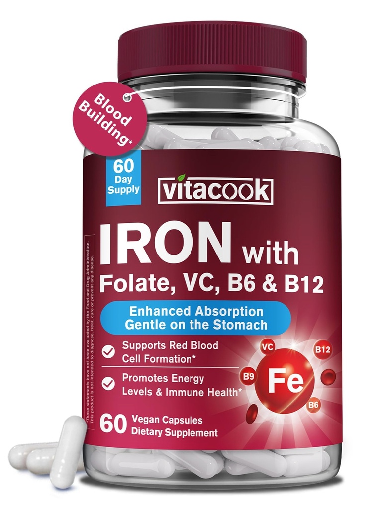 Suplemento de hierro para hombres y mujeres, Bisglycinate de hierro con vitamina C, B6, B12, Folate, Stomach Friendly, Non-Constipating, Blood Health & Energy Boost, 60 caps Vegan