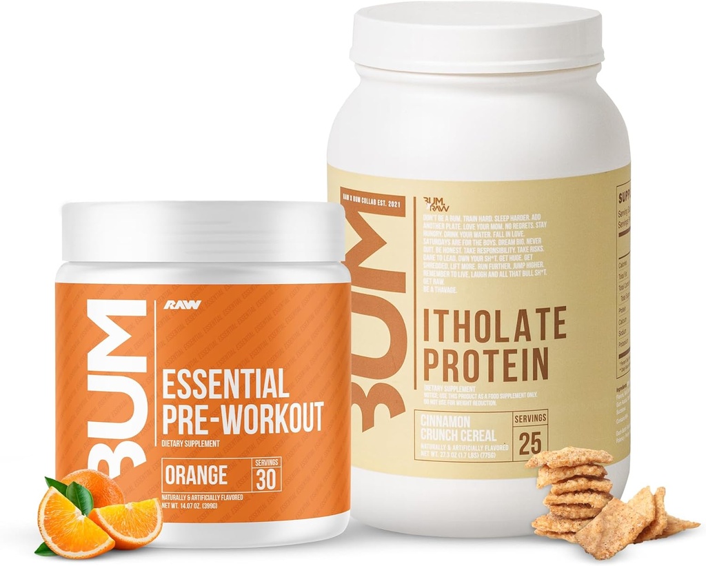 RAW Whey Isolate Protein Powder & Essential Pre-Workout Powder Bundle (Cinnamon Crunch & Orange) - Chris Bumstead Sports Nutrition Supplement for Men &amp; Women