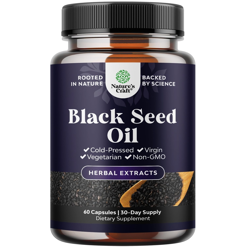 Cápsulas de aceite de semilla negra vegano - Cold Presionado Nigella Sativa Negro Cumin Cápsulas de aceite de semilla con Omega 3 6 9 Antioxidantes y Thymoquinone para el crecimiento del cabello Apoyo conjunto salud y digestión