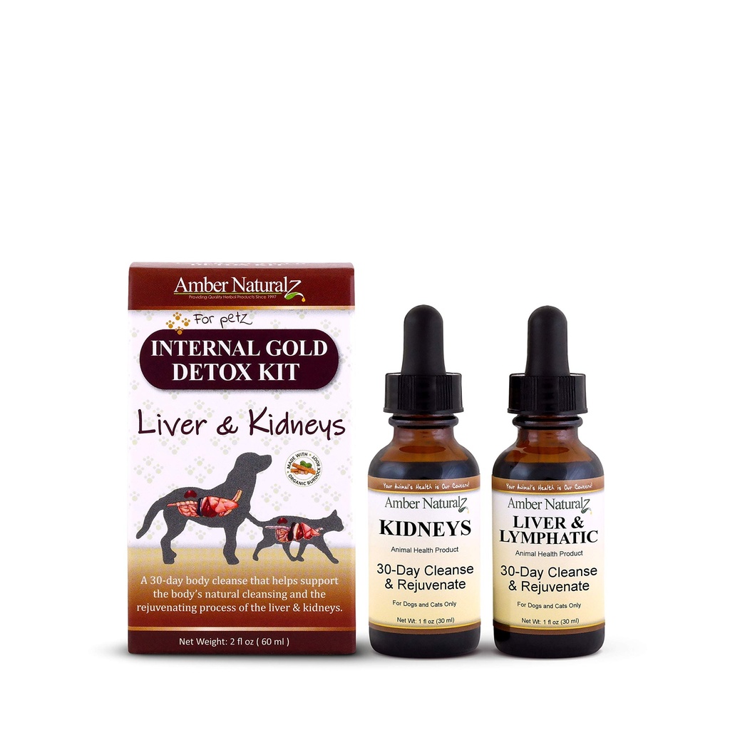 AMBER NATURALZ Kit interno de desintoxicación de oro para perros, gatos, aves, conejos y pelucas ← Apoyo herbal para la salud del hígado y el riñón ← Ayuda natural para las funciones del hígado y el niño