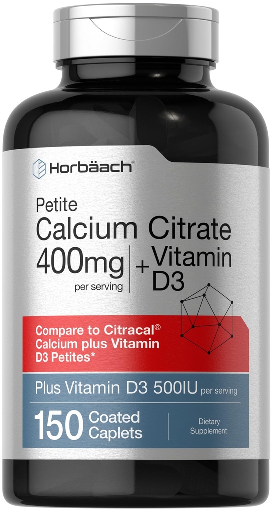 Horbäach Calcium Citrate with Vitamin D3 ← 150 Petite Coated Caplets tención Suplemento para Hombres y Mujeres Silencio Vegetariano, No GMO &amp; Gluten Gratis
