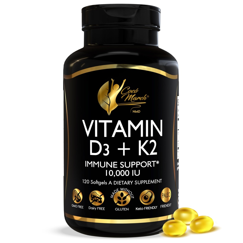 Cocó Marcha N.M.D Vitamina D3+K2 10,000 UI - Suplemento de alta potencia para hombres y mujeres, soporte inmunológico, bonificación &amp; salud conjunta - Gluten-Free, non-GMO, 4 Month Supply, 250 mcg D3, 180 mcg de vitamina K2