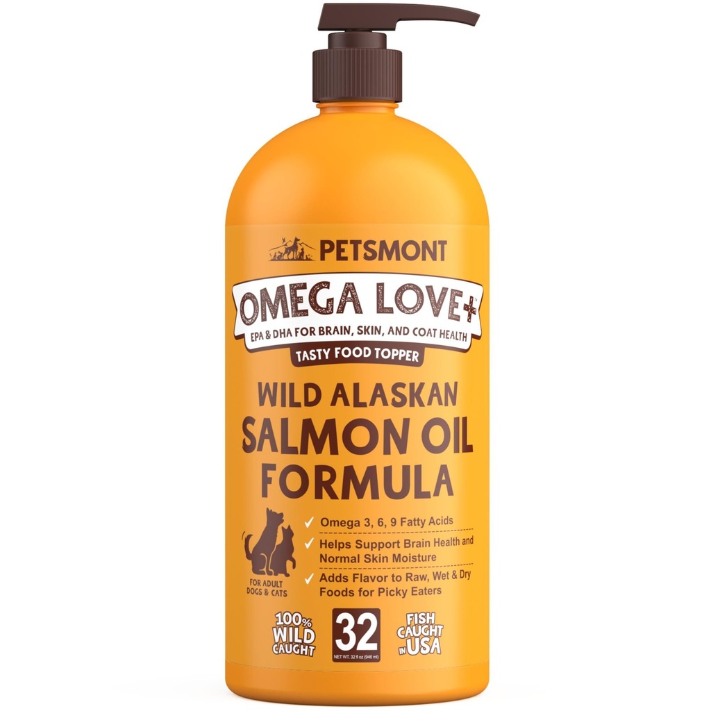 Petsmont Omega Love+ Salvaje Aceite de Salmón de Alaska para Perros Fórmula 32 oz - Pez Omega Bomba Líquida Cats Apoyo Función Conjunta Inmune Corazón Salud Alimento Alimento Pets Natural EPA DHA Fatty Acids