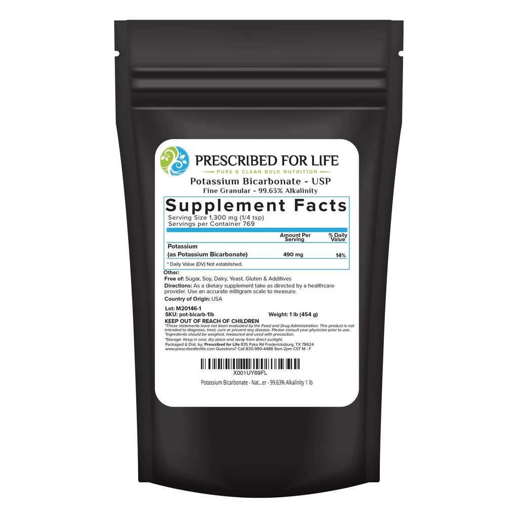 Prescrito para Viviente Potasio Bicarbonato Polvo, Puro USP &amp; Grado de Alimentos Bicarbonato de Potasio para Plantas, Elaboración de Vinos, " Horno, Polvo Cristalino, 39% K (1lb)