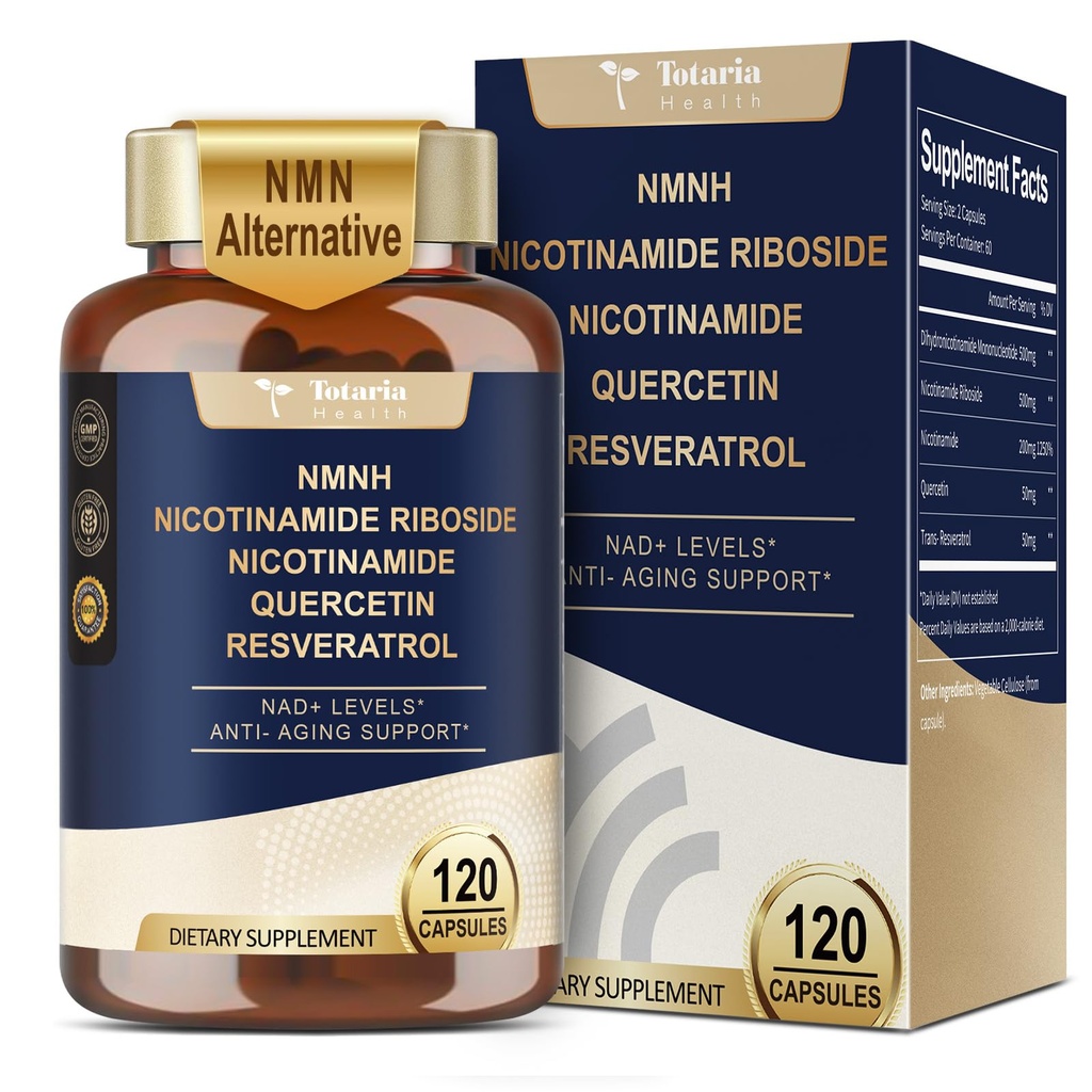 Totaria NMNH (Dihidronicotinamide Mononucleotide), NMN Alternative Supplement w/Niacinamide (Vitamin B3), Quercetin, Trans-Resveratrol, Support NAD+, Skin Cell Health*, Anti-Aging &amp; Energy, 120 Caps