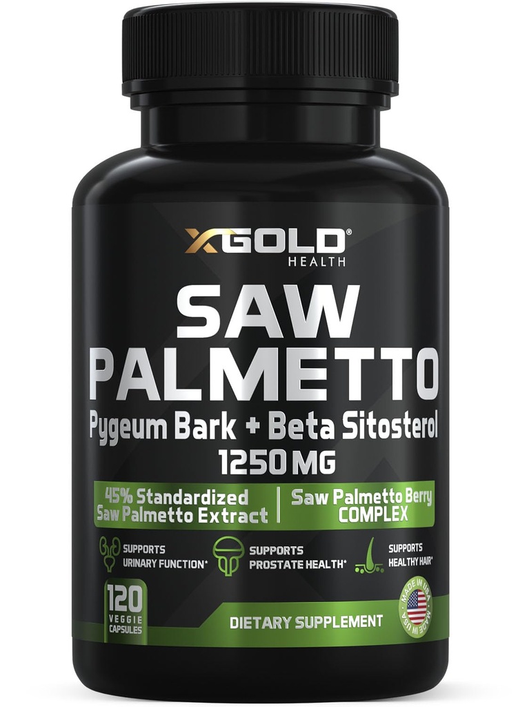 X Gold Health Saw Palmetto Suplemento de próstata para hombres Silencio Pygeum Bark ← Beta Sitosterol Suplemento ← Potent 3X Fórmula ← Función urinaria Prostate ← DHT Blocker Hair Growth under 4 Month Supply Made in USA
