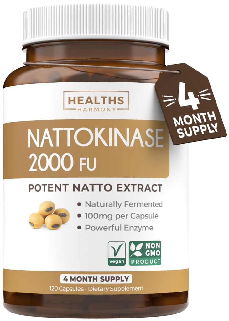 Salud Armonía Nattokinase 2000 FU (No-GMO) Suplemento potente de Nattokinasa Hecho de soyas fermentadas naturalmente - (4 mes de suministro) 120 Vegan Natto Capsules
