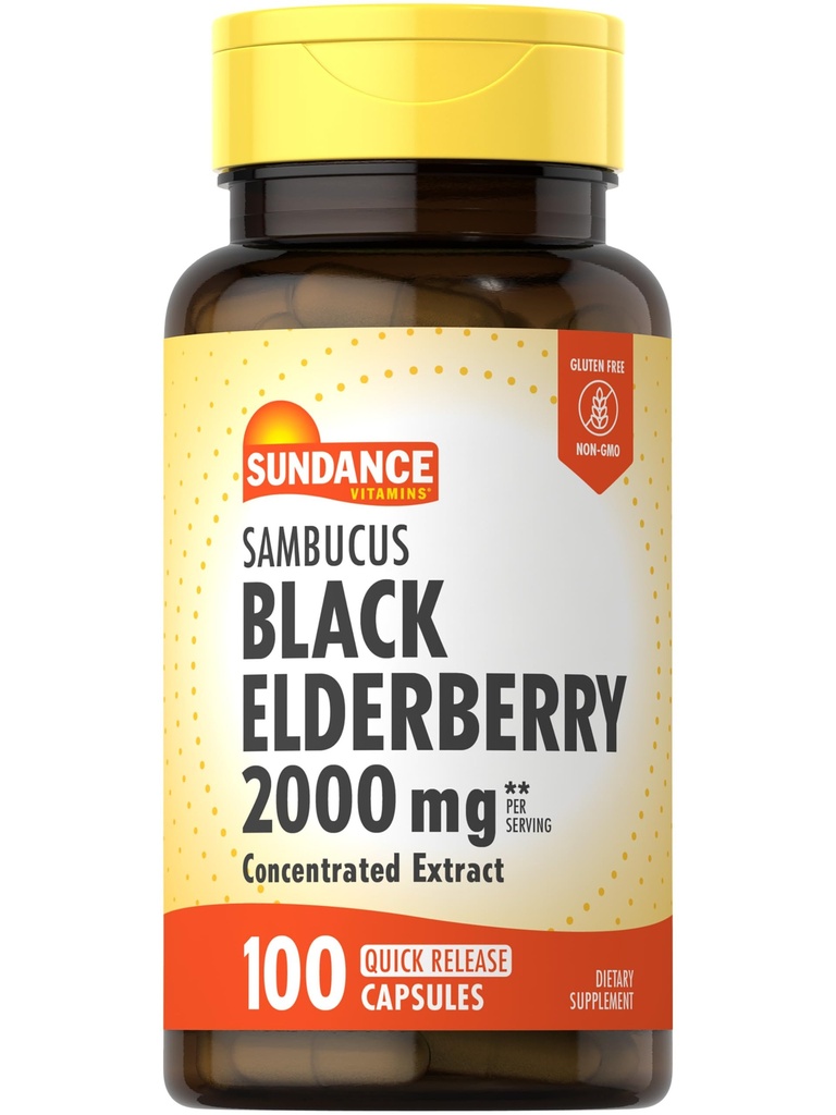 Sundance Sambucus Black Elderberry Capsules ← 2000mg ← 100 Cuenta ← No GMO y Gluten Suplemento gratuito