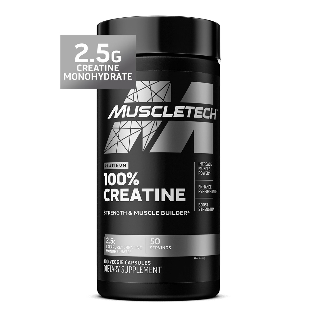 MuscleTech Platinum Creatine Monohydrate Capsules - Creapure Creatine Pre &amp; Post Workout Muscle Builder, Muscle Recovery & Energy Boosting Supplement for Men & Mujer - 100 Veggie Pills