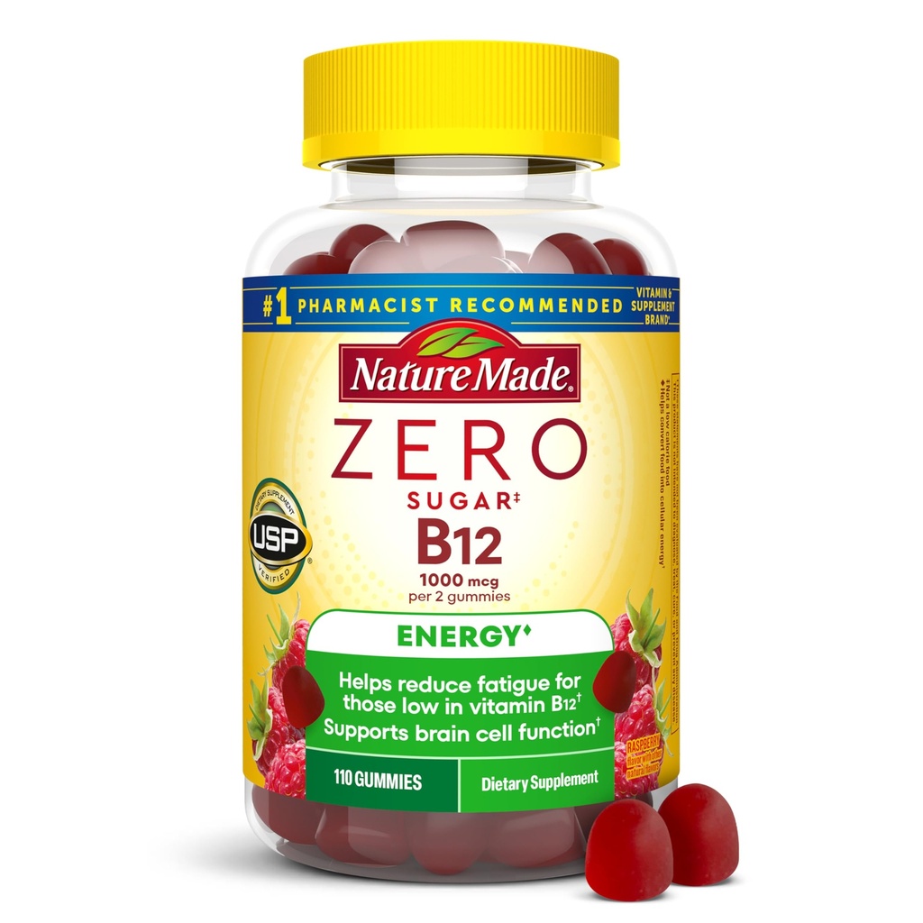 Nature Made Zero Sugar Energy Vitamina B12 Gummies 1000 mcg por Serving, B12 Vitaminas, Energy Metabolism Support, Aspartame Free, 110 Sugar Free Gummies, 55 Day Supply