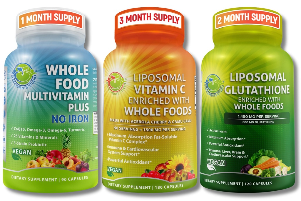 Immune & Daily Wellness Support Bundle for Women &amp; Men – Liposomal Vitamina C 1500mg + Vegan Whole Food Multivitamin No Iron + Liposomal Glutathione 500mg – Vegan, Non-GMO, Clean Daily Wellness Support