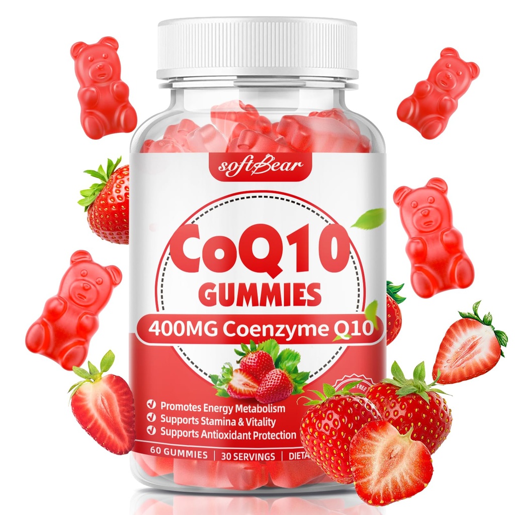 softbear CoQ10 Gummies 400mg Coenzyme Q10 Suplemento para Adultos, Alta Absorción coq10 Plus Omega-3, Magnesio, Vitamina B3 &amp; Zinc para Energía Celular & Antioxidante, Sabor de Fresa 60 Conde