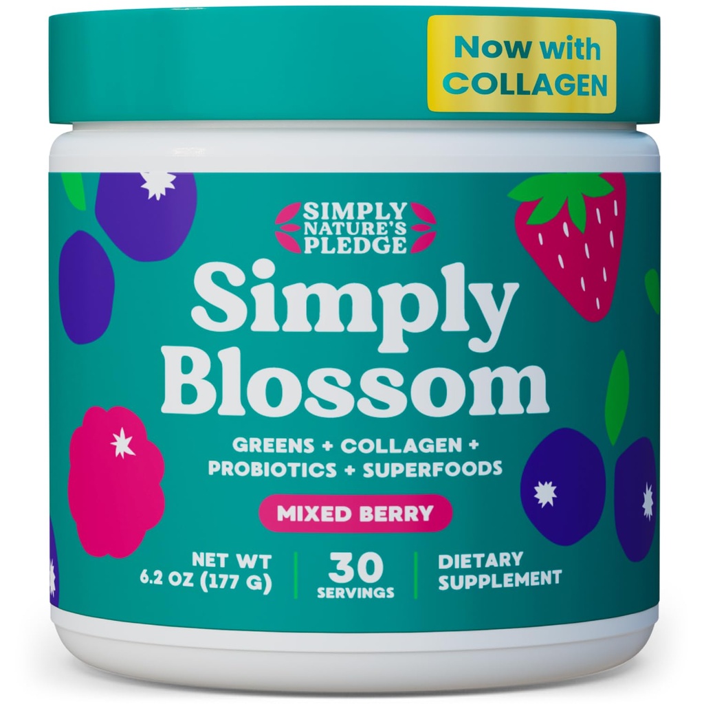 Simplemente Blossom Nutrition - Daily Greens & Superfood Powder + Collagen + Probiotics for Women's Digestive Health & Bloating Relief. Ayuda a su salud Bloom - 30 días de suministro