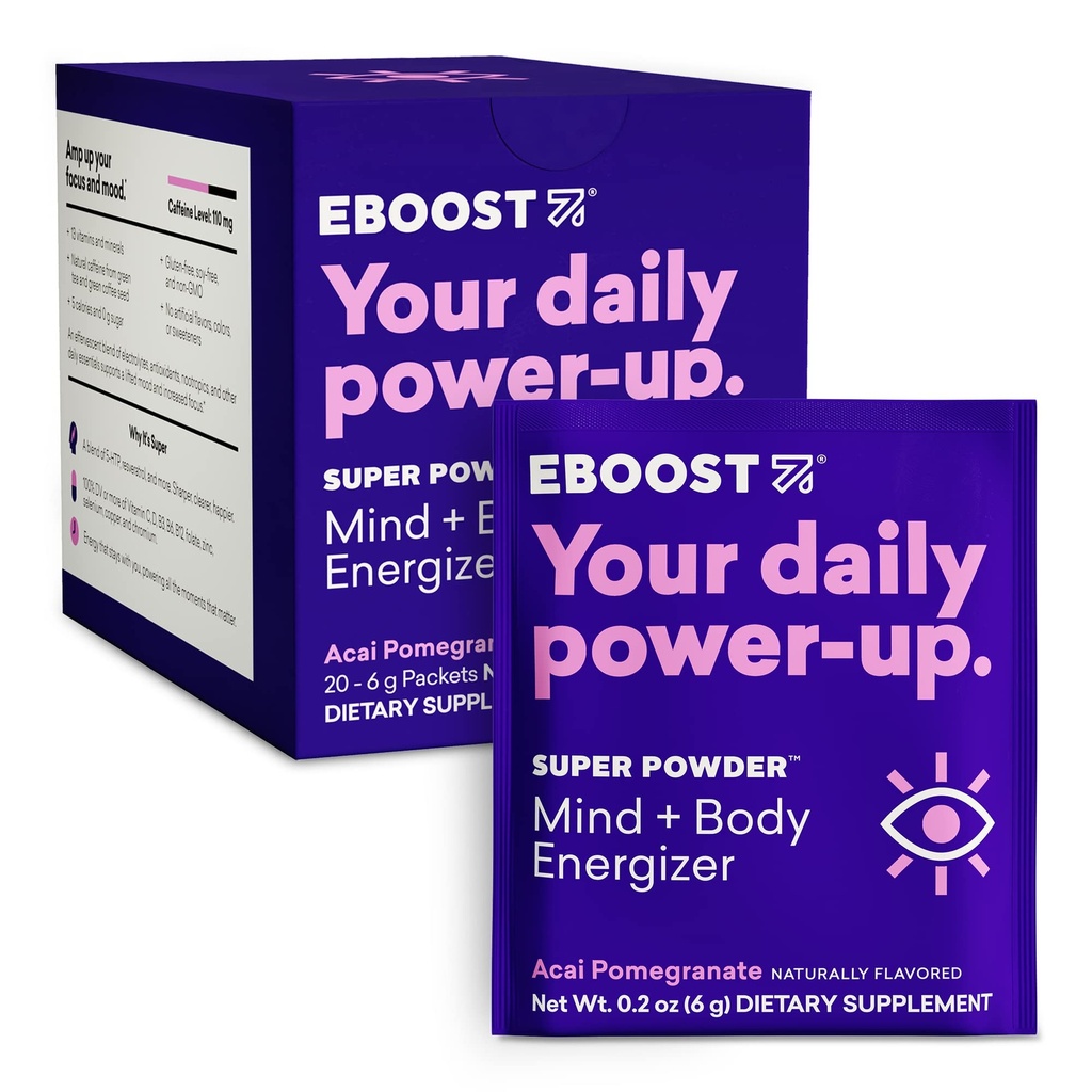 EBOOST Super Energy Powder Drink Mix, Non-GMO Electrolyte Suplemento cargado con vitaminas (Acai Pomegranate), 0,2 onzas (Pack of 20)