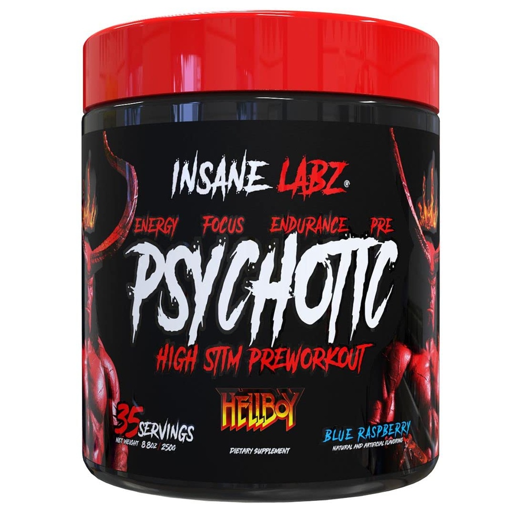Insane Labz Hellboy Edition, High Stimulant Pre Workout Powder y NO Booster con Beta Alanine, L Citrulline y Caffeine, Boosts Focus, Energy, Endurance, Nitric Oxide Levels, 35 Srvgs, Blue Rasp