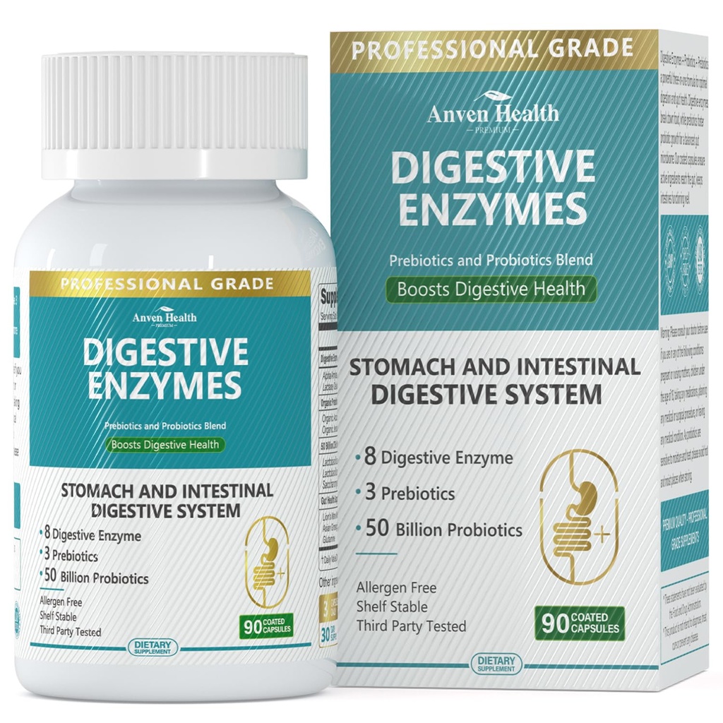 Enzimas digestivas de 800 mg para hombres y mujeres con probióticos " orgánicos prebióticos, 8 enzimas clave, Protease, Amylase " Lipase for Bloating, Gas Relief, Non-GMO Ø 90 cápsulas
