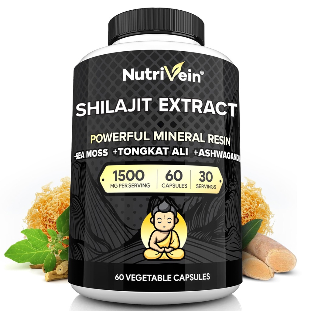Nutrivein Premium Puro Himalayan Shilajit para Hombres y Mujeres - 1500 mg - 60 cápsulas- potente extracto de resina envuelto con el mar irlandés Moss, Tongkat Ali, & Ashwagandha - Vitality, Clarity, & Performance