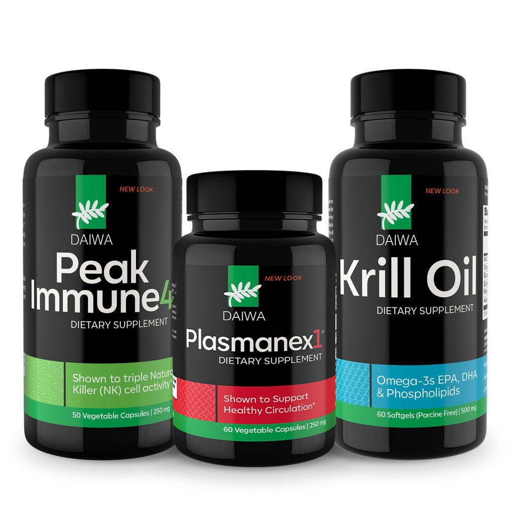 Daiwa Peak Immune 4 - Natural Immune System Booster + Plasmanex 1 – Blood Circulation Suplemento + Krill Oil – Omega 3 Krill Oil Capsules
