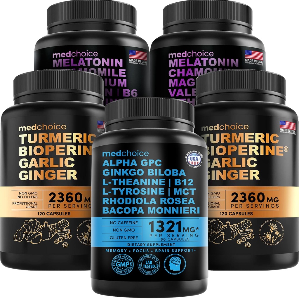 MEDCHOICE Turmeric " Ginger (240ct), Sleep Melatonin (180ct), and Nootropic Brain (60ct) Supplement Bundle - Wellness Trio for Brain, Sleep, " Immune Support - Vegan, Non-GMO, Gluten-Free