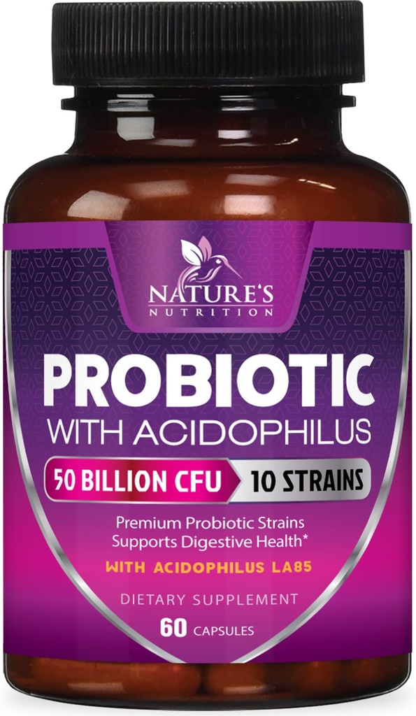 Probióticos 60 Billones CFU por servicio - 10 Strains + Prebióticos - Salud Digestiva, Gut &amp; Immune Apoyo - Apoyo al estreñimiento ocasional, Gas &amp; Bloating para Hombres Estable - 60 cápsulas