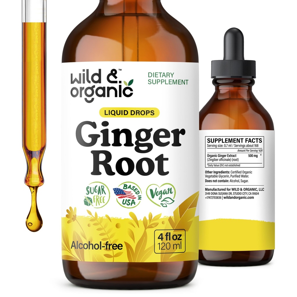 Wild &amp; Organic Ginger Root Extract Drops - Immune &amp; Digestive Support - Liquid Ginger Supplements - Vegan, Sugar &amp; Alcohol-Free Tintura - 4 fl oz