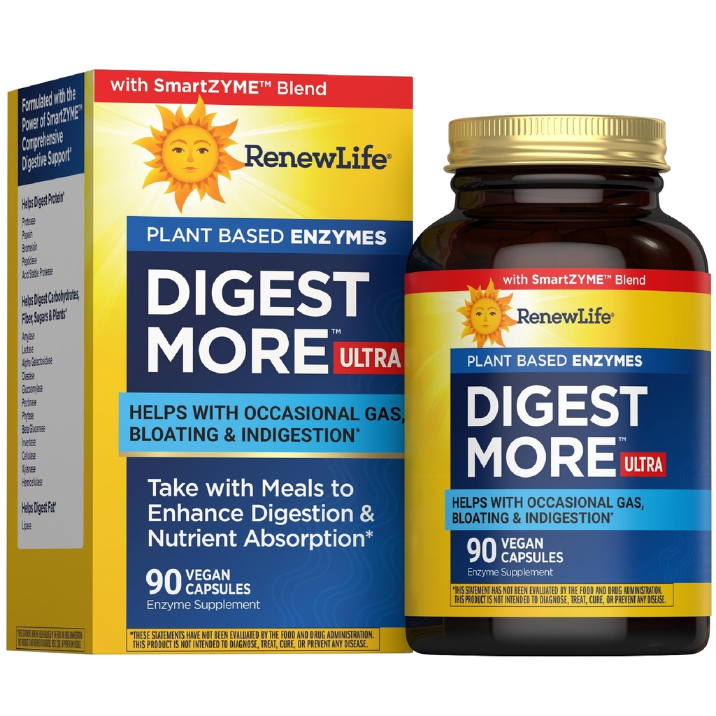 Renew Life Adult DigestMore Ultra Enzymes - Ultra-Strength Plant-Based Digestive Enzyme Formula for Men &amp; Women - 90 cápsulas vegetarianas