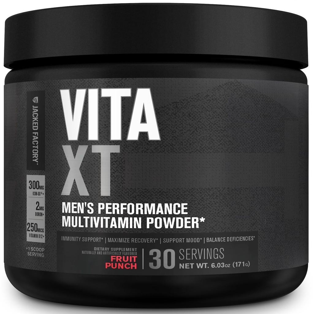 Fábrica de Jacked Vita XT Performance Vitamin Powder - Daily Multivitamin Powder para hombres con KSM-66 Ashwagandha, fibra prebiótica, vitamina A, C, D, K, B6, B12, &amp; Más - Fruit Punch, 30Sv