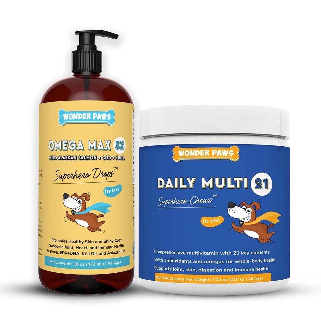 WONDER PAWS Omega Max Fish Oil Plus Daily Multivitamin Chews - for Dog Joint Health, Skin Moisture, Immune System Support &amp; Daily Wellness - Omega Max 16 Ounces - Multivitamin 60 Chews