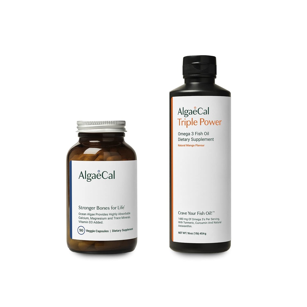AlgaeCal Bundle - Suplemento de calcio con base vegetal con vitamina D3 para la salud ósea &amp; fuerza &amp; potencia triple Omega-3 aceite de pescado Emulsión líquido natural con EPA &amp; DHA, Curcumin, Astaxanthin