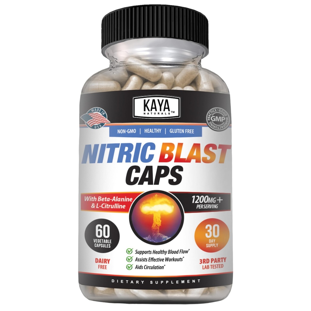 Kaya Naturals - Nitric Blast Potent All-Natural Herbal Supplement for Maximum Health Benefits Silencio Pre-Workout ← Mejorar la energía ← Mejorar el rendimiento nocturno (60 Cuenta (Pack of 1)