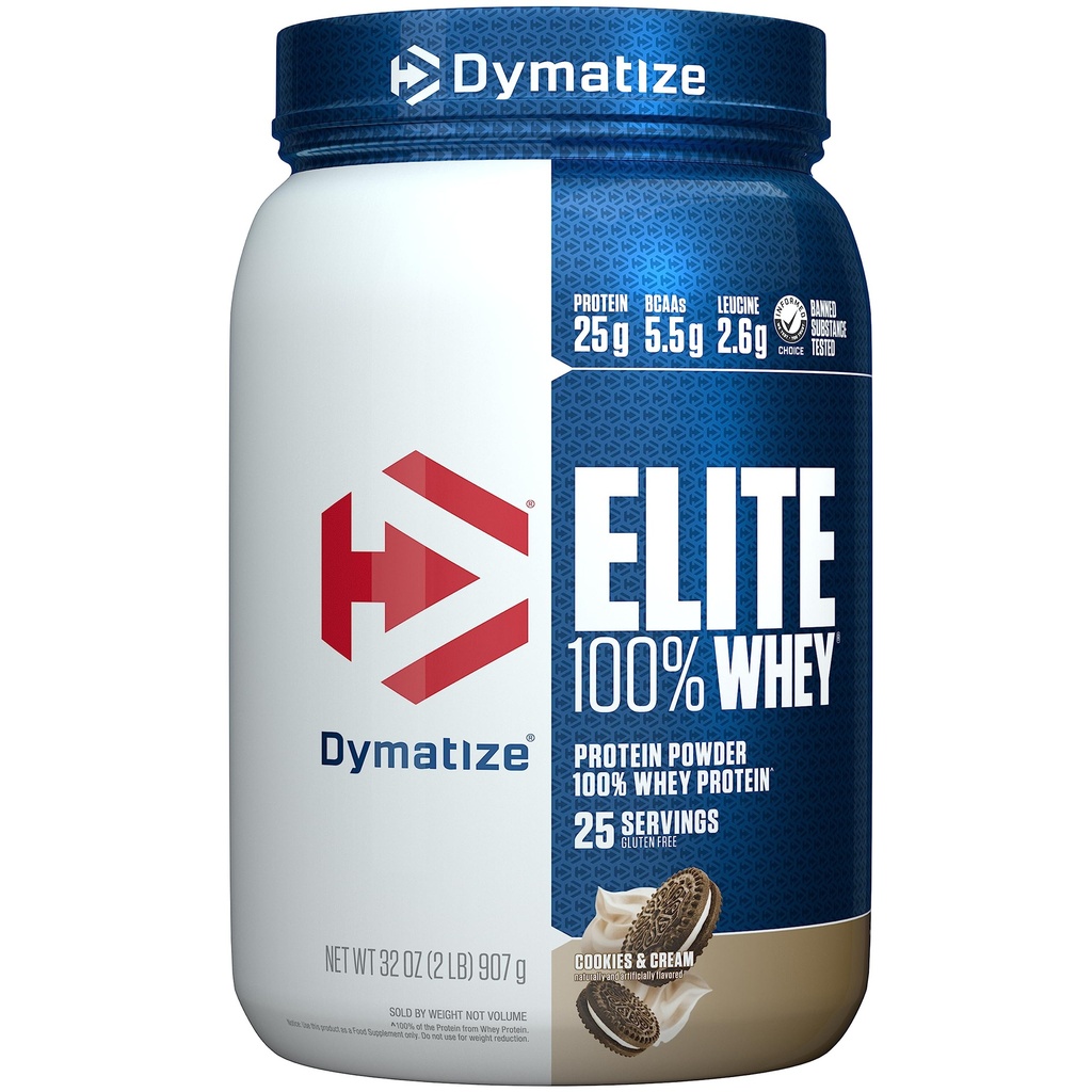 Dymatize Elite 100% Whey Protein Powder, Cookies &amp; Cream, 25g de Protein, 5.5g BCAAs, Menos Than 140 Cal., Gluten Free, 3g Carb, 2g Sugar, 3g Fat (25 Servings)