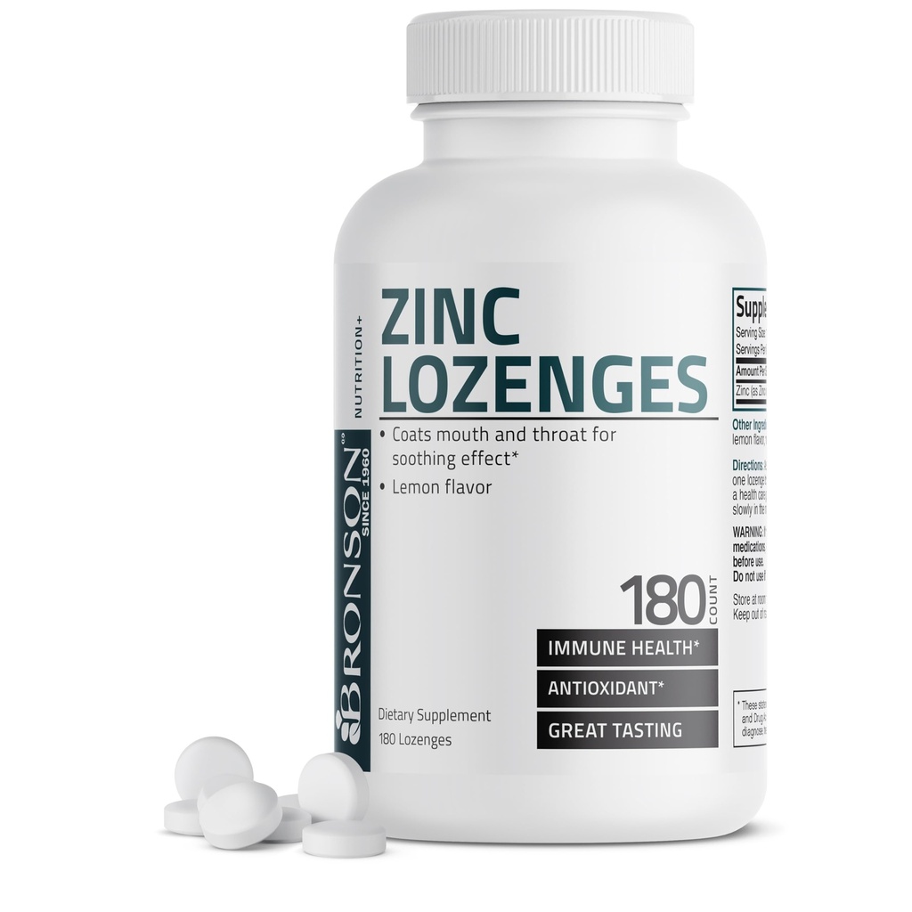 Bronson Zinc Lozenges Antioxidante &amp; Immune Support Suplemento Lemon Flavored, 180 Chewable Tablets