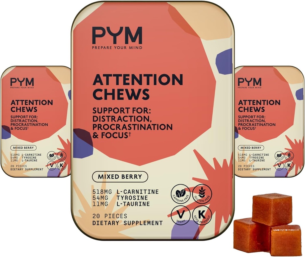 PYM Atención de cerdas Apoyo para la Procrastinación, Focus &amp; Productividad, 60 Cuenta TEN 518mg L-Carnitine, 54mg Tyrosine, 11mg L-Taurine - Caffeine-Free TEN All-Natural Mood Boost Supplement Made in USA