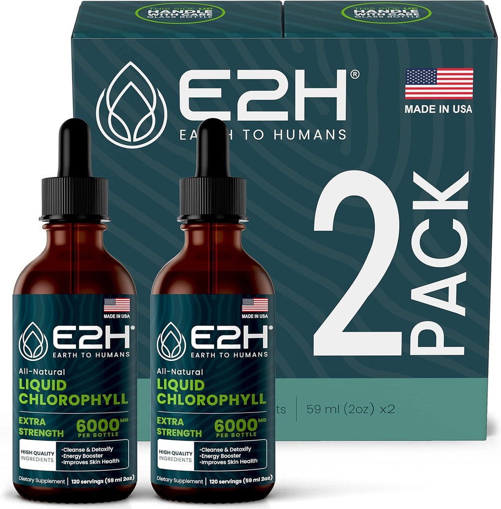 E2H Chlorophyll Liquid Drops - Energy Booster, Digestion, Immune System Support and Internal Deodorant - Vegan - Gluten Free - Non-GMO - (2 Botellas)