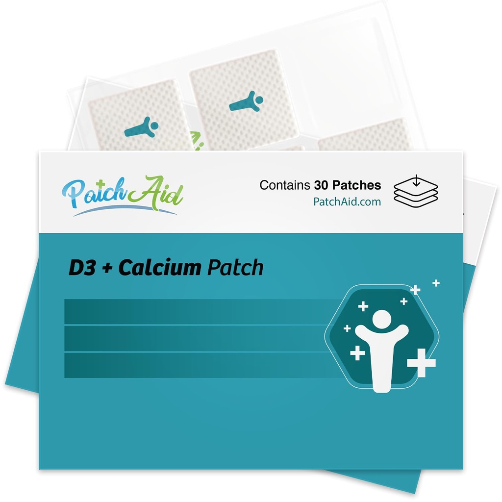 PatchAid D3/Calcium Topical Patch ← Soportes Bone Strength &amp; Calcium ← 8 horas Use for Better Absorption ← 30 Day Supply