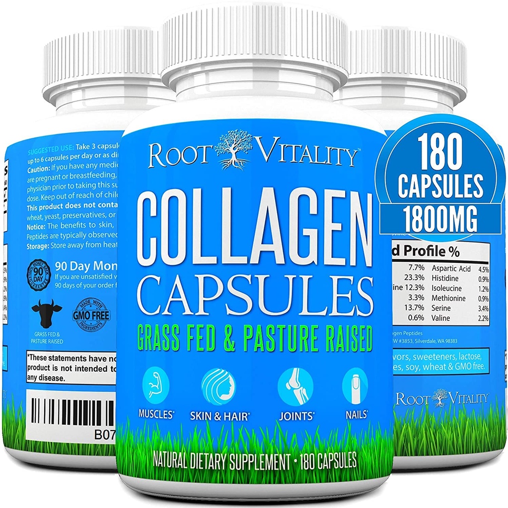 Peptides de colágeno de Vitality Root Capsules - Grass-Fed, Pasture-Raised Hydrolyzed Protein Suplemento para la piel, el pelo, " Nails - Non-GMO, Zero Sugar Daily Pills for Men " Women (180 cápsulas)