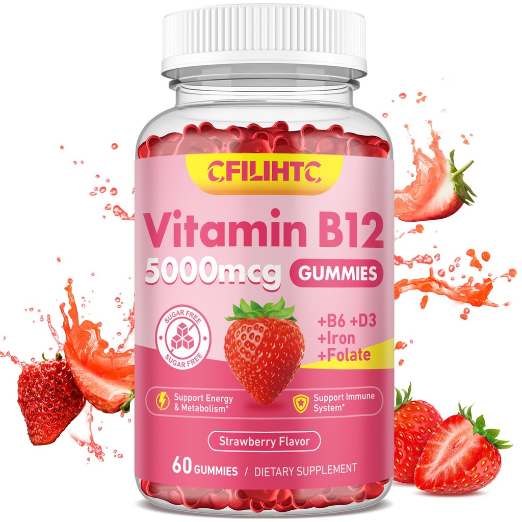 Vitamina B12 Gummies for Women &amp; Men, 5000mcg Methyl B12 Gummies with Vitamin B6, D3, Iron, Folate for Adults, Supports Energy & Metabolism Boost, Mood, Immune & Nervous System, Sugar Free Strawberry