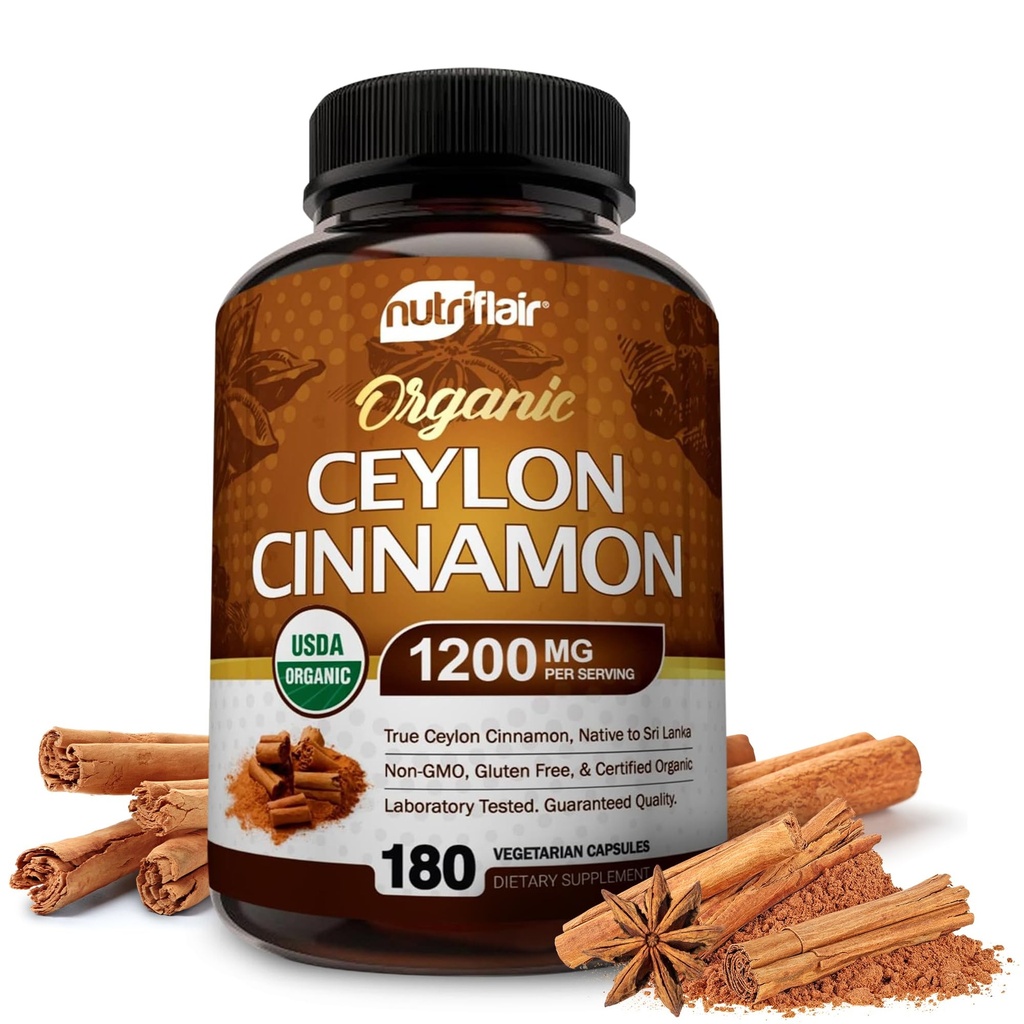 NutriFlair Ceilón Orgánico Canela (100% Certificado Ceilón Orgánico Canela) 1200 mg por Servo, 180 cápsulas - Juntas, Inflamatorio, Antioxidante