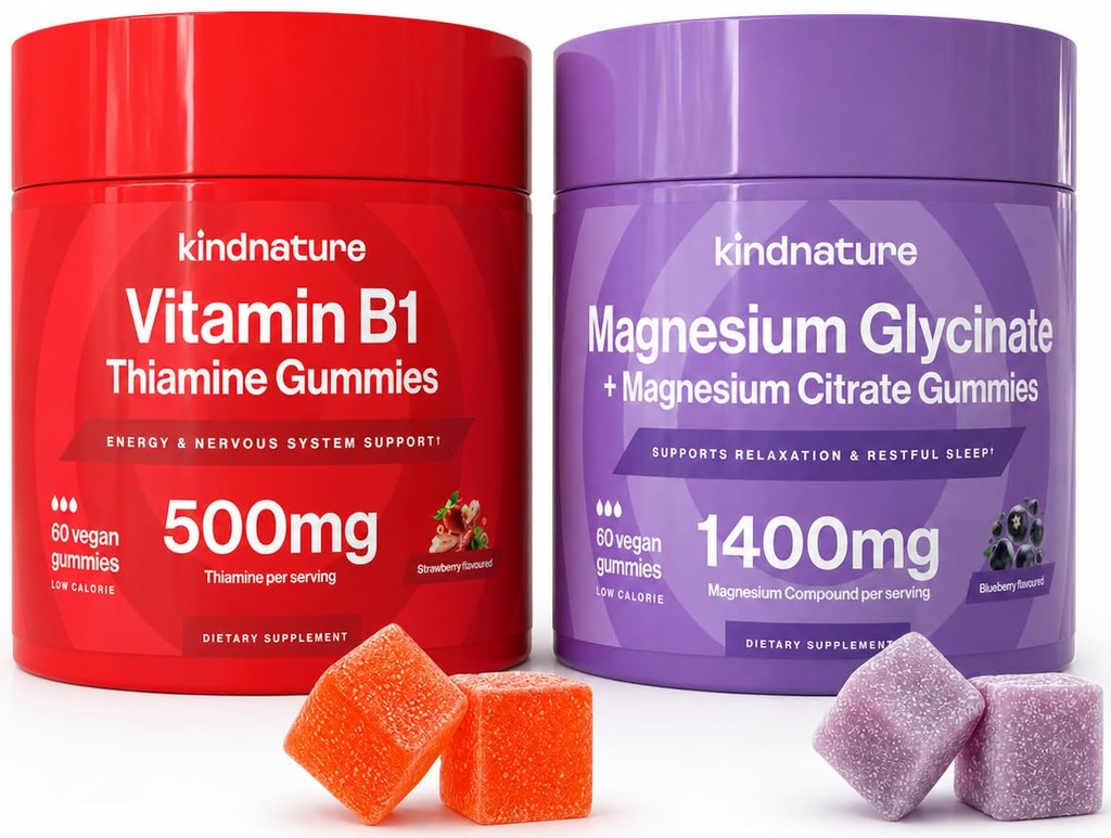 KINDNATURE Power Duo: Magnesium & Vitamina B1 Gummies Bundle – Enhanced Energy & Nerve Support, Delicious & Chewable