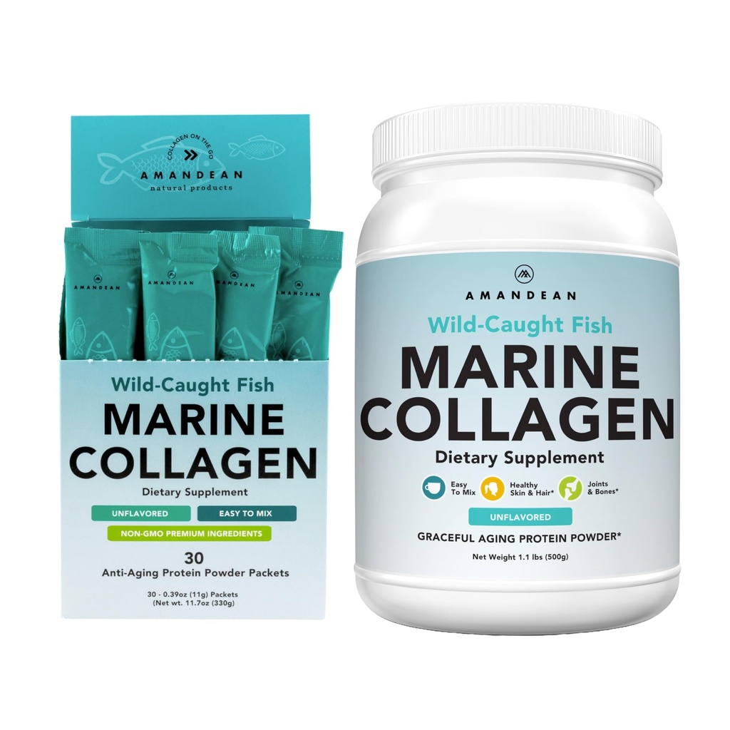 AMANDEAN Marine Collagen Duo. 500g Container + 30 Travel Packs. Péptidos de colágeno de pescado hidrolizado para piel, pelo & uñas. Pescatario, Keto &amp; Paleo-Friendly, Desflavored