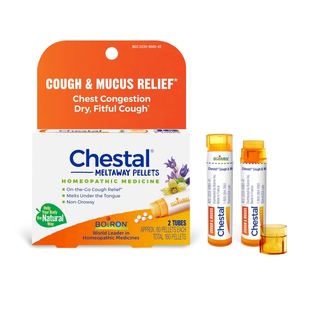 Pellets Boiron Chestal para Tos y Mucus Relief, Nasal o Chest Congestion, y Sore Throat Relief - 2 Count (160 Pellets)