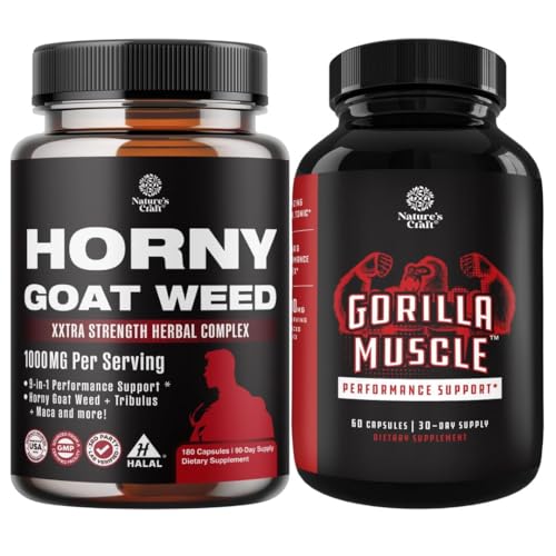 Bundle of Horny Goat Weed with Black Maca Root, Tongkat Ali, Saw Palmetto &amp; Panax Ginseng Extract for Stamina & Energy and Extra Strength Testosterone Booster - Muscle Enlargement Supplement for Men