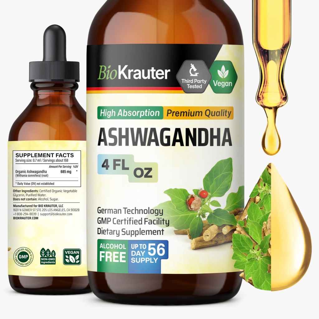 BIO KRAUTER Ashwagandha Liquid Drops - Ashwagandha Suplementos para la calma - Vegan Mood Support Drops - Alcohol &amp; Sugar Gratis - 4 Fl.Oz.