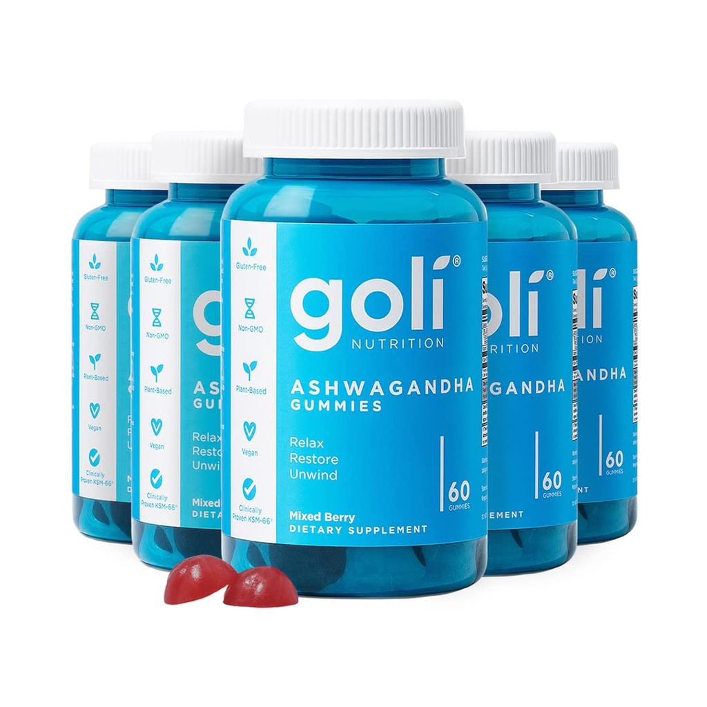Goli Ashwagandha & Vitamin D Gummy - 300 Conde - Berry mixto, KSM-66, Vegan, Planta base, No GMO, Gluten-Free & Gelatin Free Relax. Restaurar. Relájate, Pack de 5