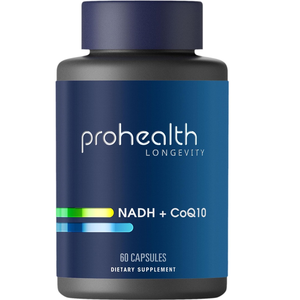 ProHealth NADH + CoQ10 - Boost NAD+ ← 60 Day Supply ← Pure NADH 25 mg, CoQ10 100 mg ← 60 Acid Resistant Capsules ← Energía Silencio Silencio Silencio Silencio ATP Producción