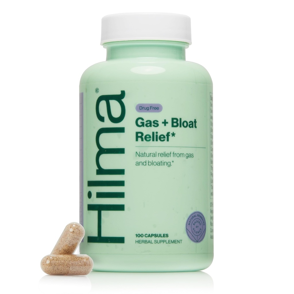 Hilma Natural Gas and Bloating Relief with Lemon Balm, Fennel & Peppermint Leaf, Doctor Formulado con Ingredientes Orgánicos, 100 cápsulas Vegan