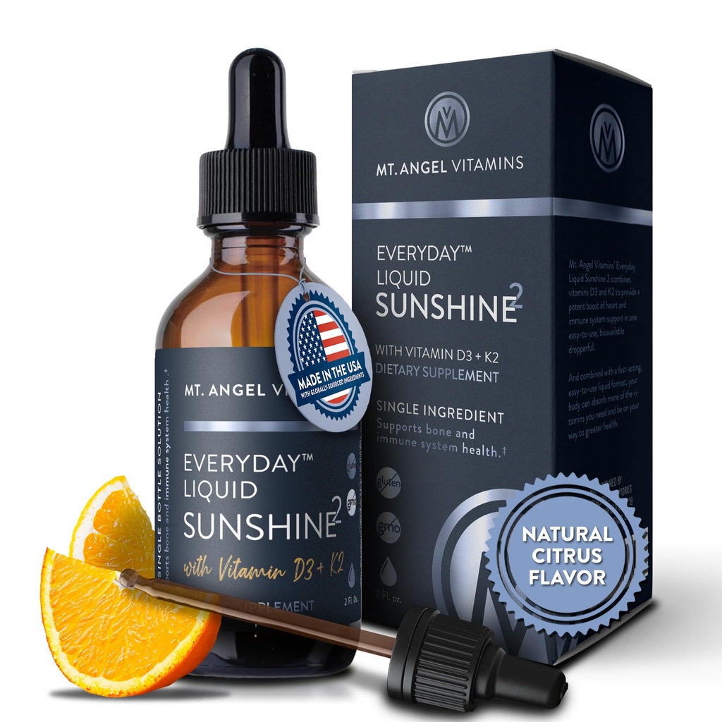 Mt. Angel Vitaminas - Vegan Vitamina D3 & K2 Liquid Supplement - 5000 IU D3, Trans MK7 K2 - Sin gluten, No GMO - Perfecto para adultos &amp; niños - Su dosis diaria de Sunshine ← K2 D3 Vitamin Supplement