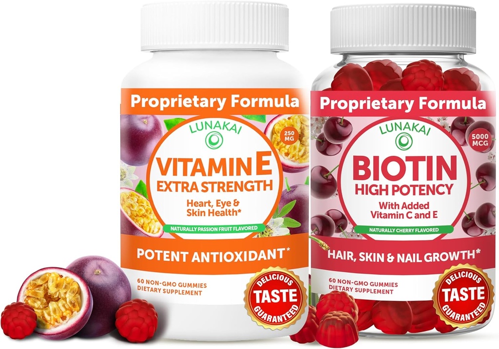 Lunakai Vitamina E y Biotina Gummies Bundle - 3000 mcg Gummies for Adults Energy Support and Bone Health - Vitaminas para el cabello, la piel y la apariencia juvenil